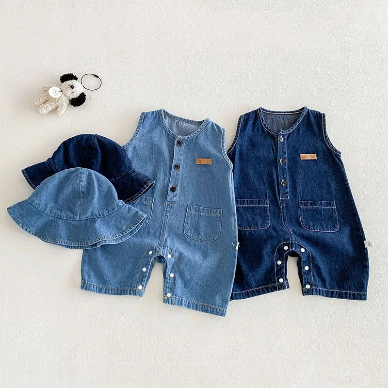 2026 Baby Summer Rompers 324M Loose Boys Clothes Thin Toddler One Piece Solid Color Girls Denim Overalls Hat 260612
