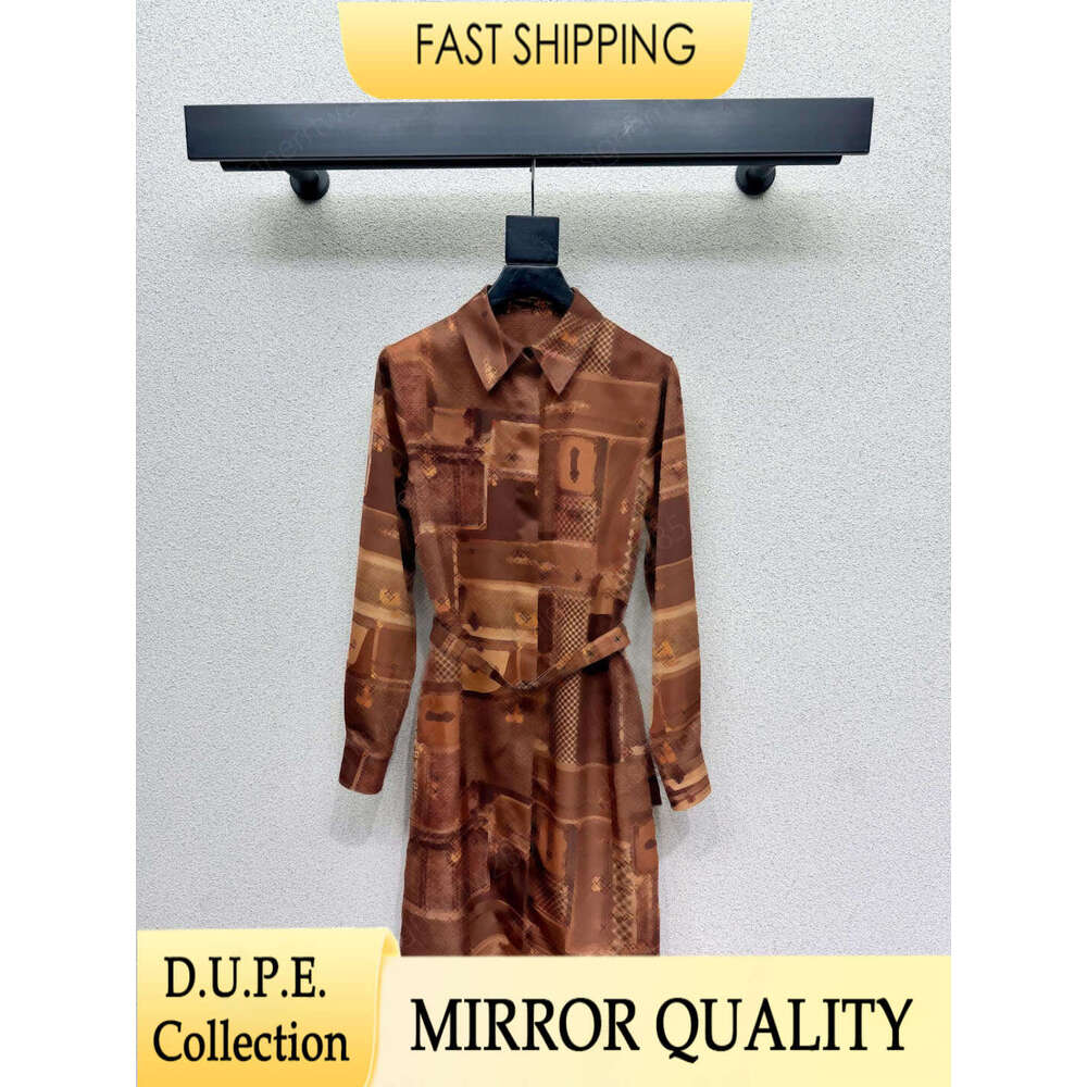 Designer Brown Monogram Trunk Print Silk Shirt Dress Luxury Long Sleeve Belted Midi Skirt For Women Autumn Elegant Outfit Vestido De Verano Robe-image-1110299418