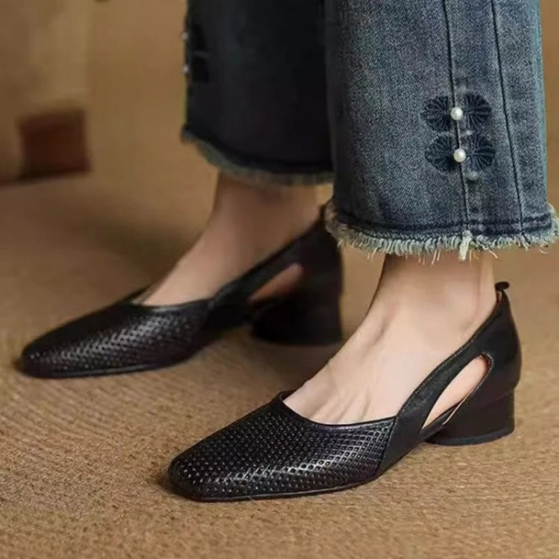 Womens Hollow Out Square Toe Pumps Mid Block Heel Breathable Cutout Side Soft Leather Office Work Shoes 260612