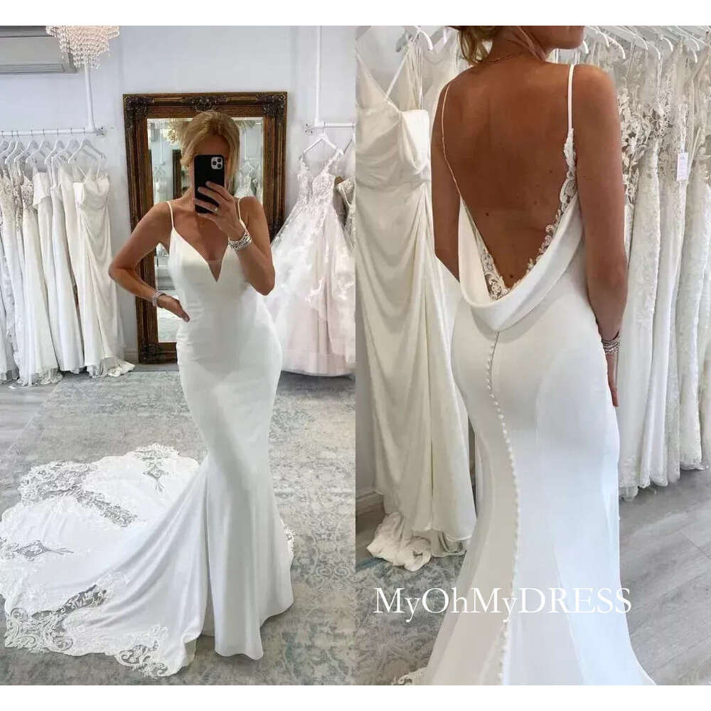 Sexy Backless Mermaid Wedding Spaghetti Straps Lace Appliques Button Covered Open Back Long Bridal Gowns Dresses Custom Made 2023 Bc15453 Y612