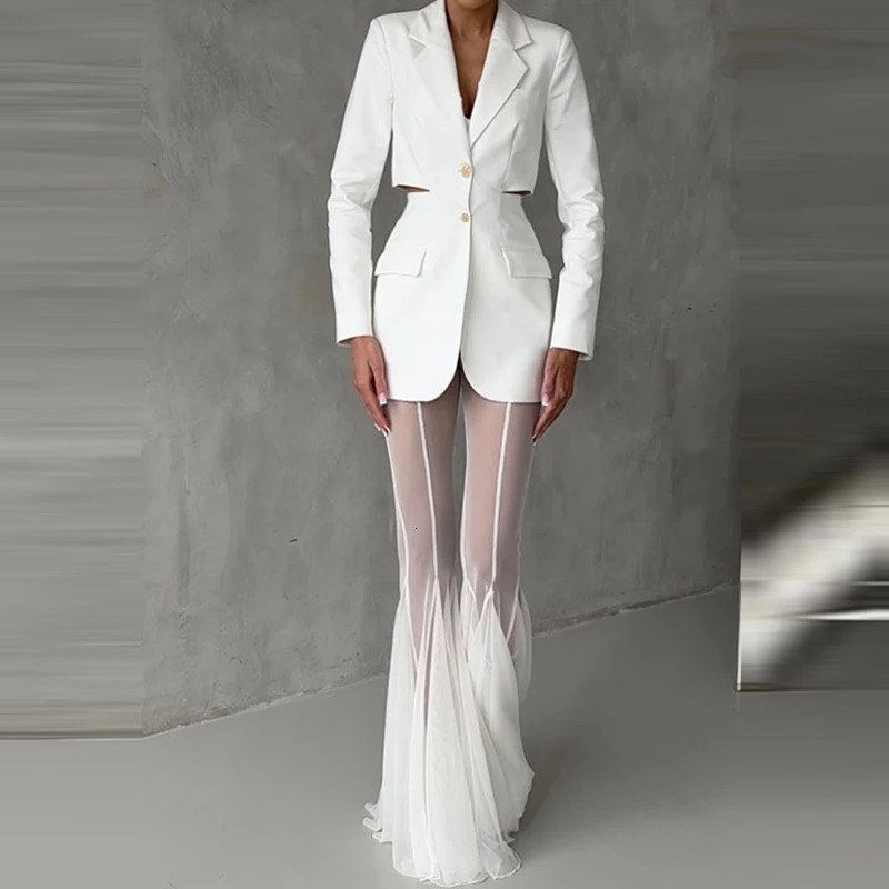 Elegant High Waist Slim Straight Trousers Sexy See Through Mesh Flare Pants for Women Summer Solid Commute Lady Long Mujer 260611