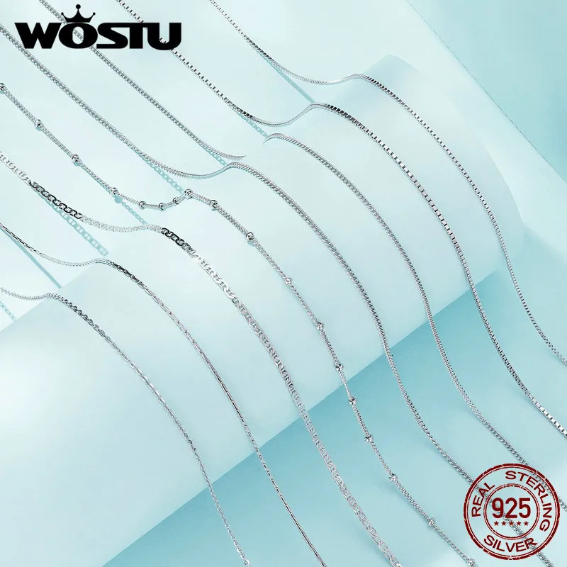 WOSTU Classic Basic Chains Solid 925 Sterling Silver O-Shaped Necklace Twisted Snake Bar Singapore Box Chain Square Links 45CM 260608