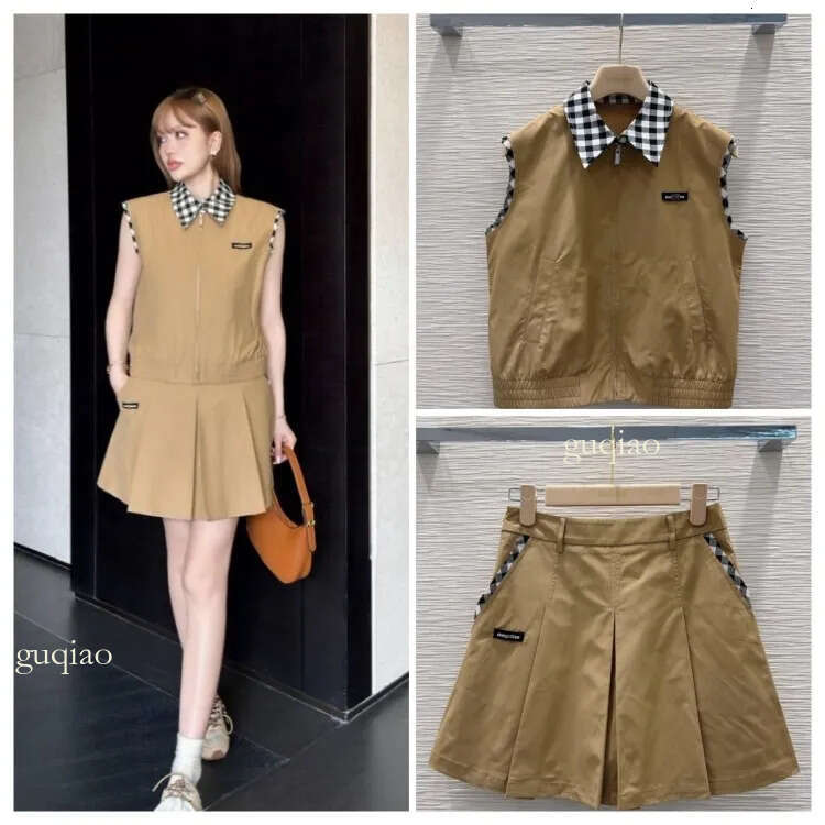 Dresses For Woman Womens Plaid Patchwork Letter Label Two Piece Set Sleeveless Collar Vest High Waist A Line Skirt High Quality Summer Clothes Women