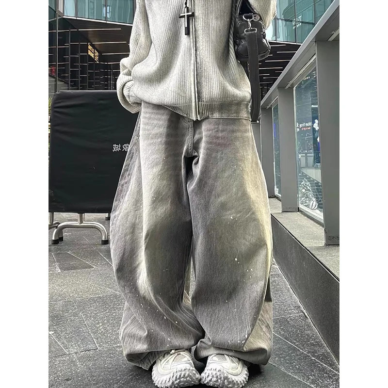 American Fashion Gray Oversized Denim Pants Retro Wash Loose High Waist Trousers Harajuku Simple Casual Wide Leg Jeans 260609