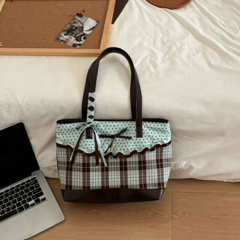 Korean Mint Green Chocolate Color Patchwork Handbag Plaid Canvas Tote Women Polka Dot Sweet Bow Lace Capacity Shoulder Bag