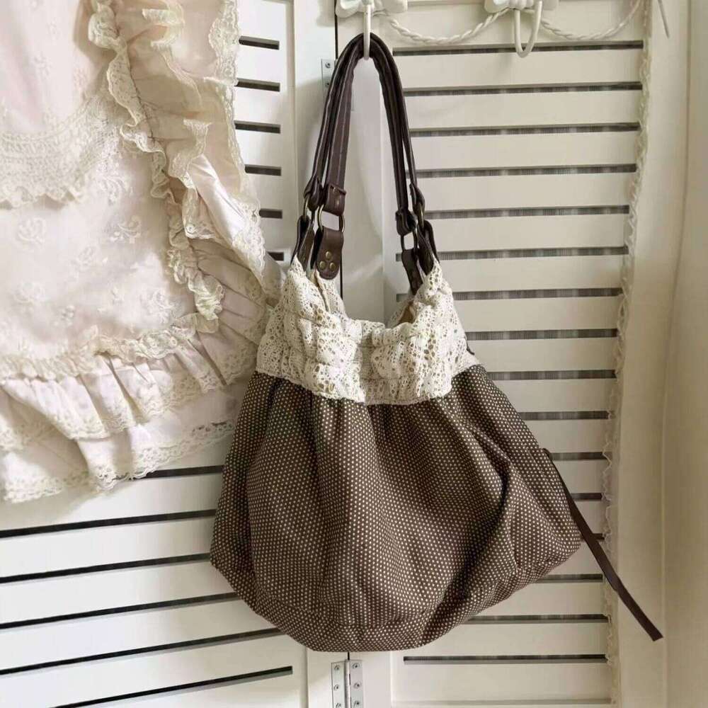 Japanese Retro Sweet Lace Tote Women Polka Dot Large Capacity Shoulder Bag Ladies Harajuku Casual Versatile Handbag