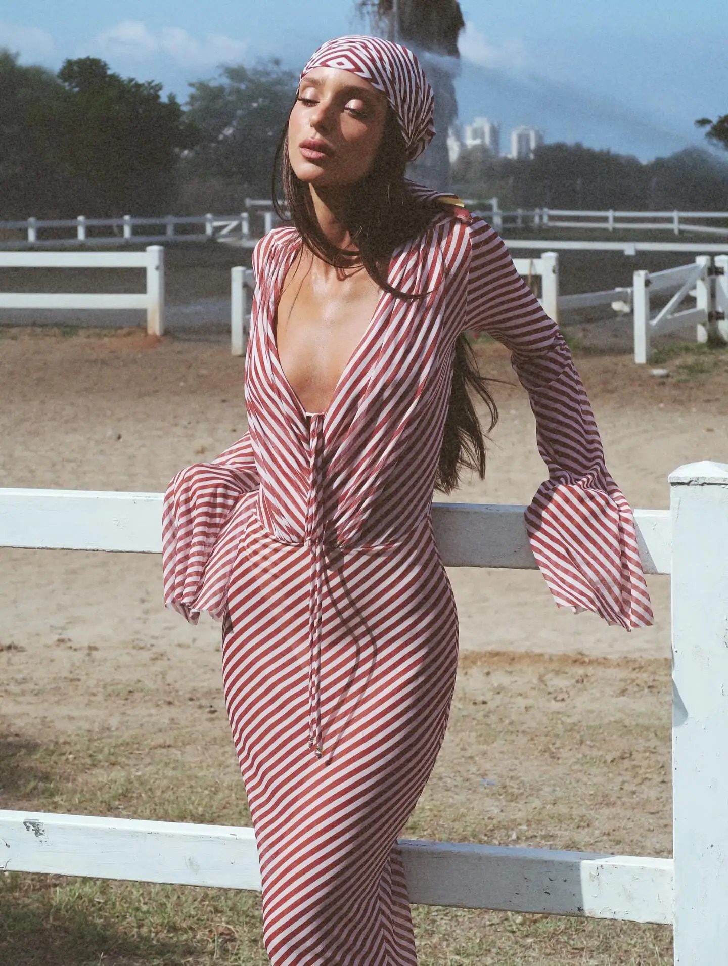2026 Chiffon Stripe 2Pc Bikini Set Long Sleeve Backless Crop Tops Women Transparent Bodycon Skirts Sexy Beach Casual 260612