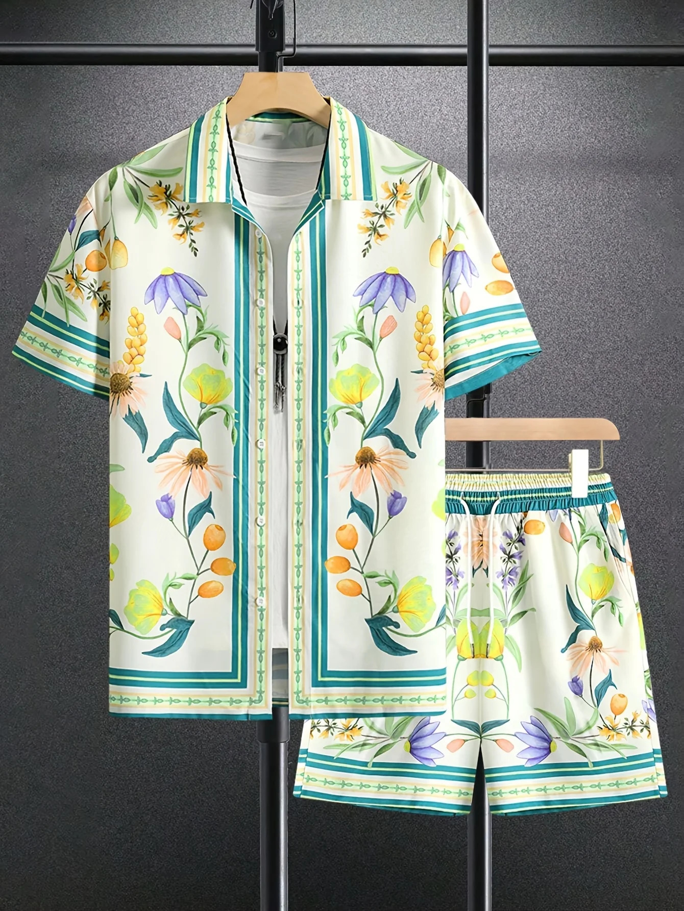 2pcs Mens Flower Graphics Print Shorts Shirt Set Drawstring Waist Summer Beachwear Casual Attire Tropical Prints Asian Size 260611
