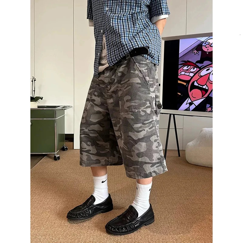 ZHIZOU Summer Vintage Camouflage Short Jeans Oversized Distressed Jorts Y2k Grunge Baggy Denim Shorts Wide Streetwear 260609
