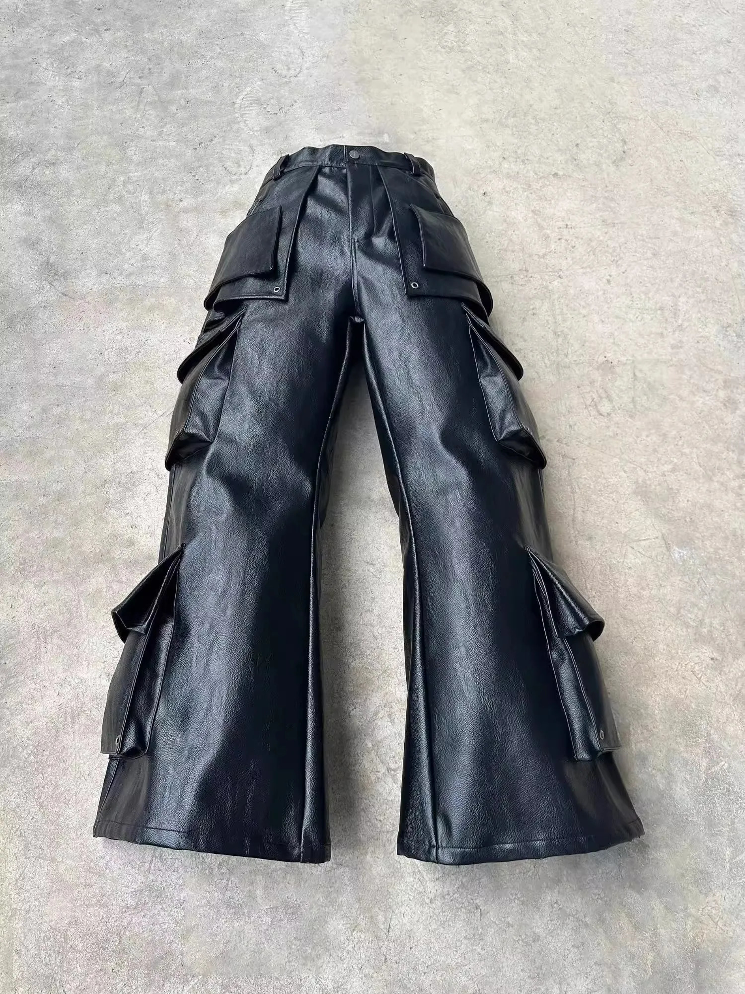 Mauroicardi Spring Cool Long Baggy Black Pu Leather Wide Leg Cargo Pants Men with Many Pockets Mens ner Clothes Streetwear 260611