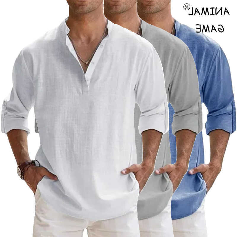 Shirts Lightweight Streetwear Long Men Sleeve Henley Cotton Linen Shirts for Men Beach Hawaiian Shirts Breathable Collar Tshirts M260612