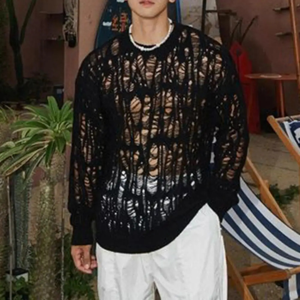 Men Tops Hollow-Out Mesh Knit Tops Crew Neck Long Sleeve Knitted T-Shirt Men Clothing Retro T-Shirt Spring Streetwear 260612