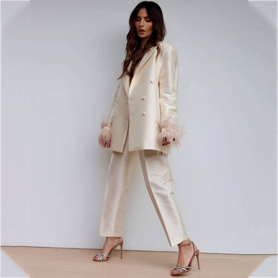Feather Womens Suit Classic n Double Breasted Ankle Length Elegant Outfit Two Pieces Formal Party Female Set 260610