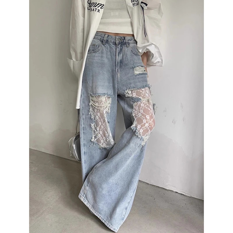 American Retro Y2K anni 2000 Jeans strappati con cuciture in pizzo Gambe larghe larghe 2025 Stile estivo n Pantaloni dritti a vita alta 260609