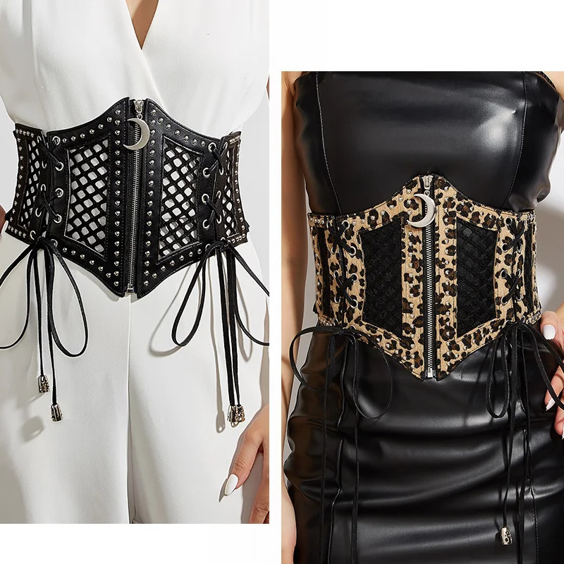 Wide Leopard Print Hollow Corset Belts For Women Black Belt Female s Moon Punk Gothic Cummerbunds Y2K Waistband 260612