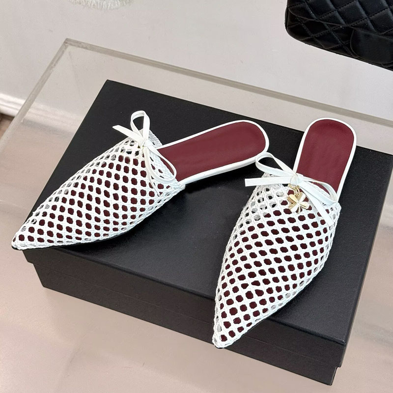 Retro Hand Woven Hollow Pointed Half Slippers Women Designer Sandals With Metal Buckle Decoration Hemp Rope Fabric and Genuine Leather Outsole