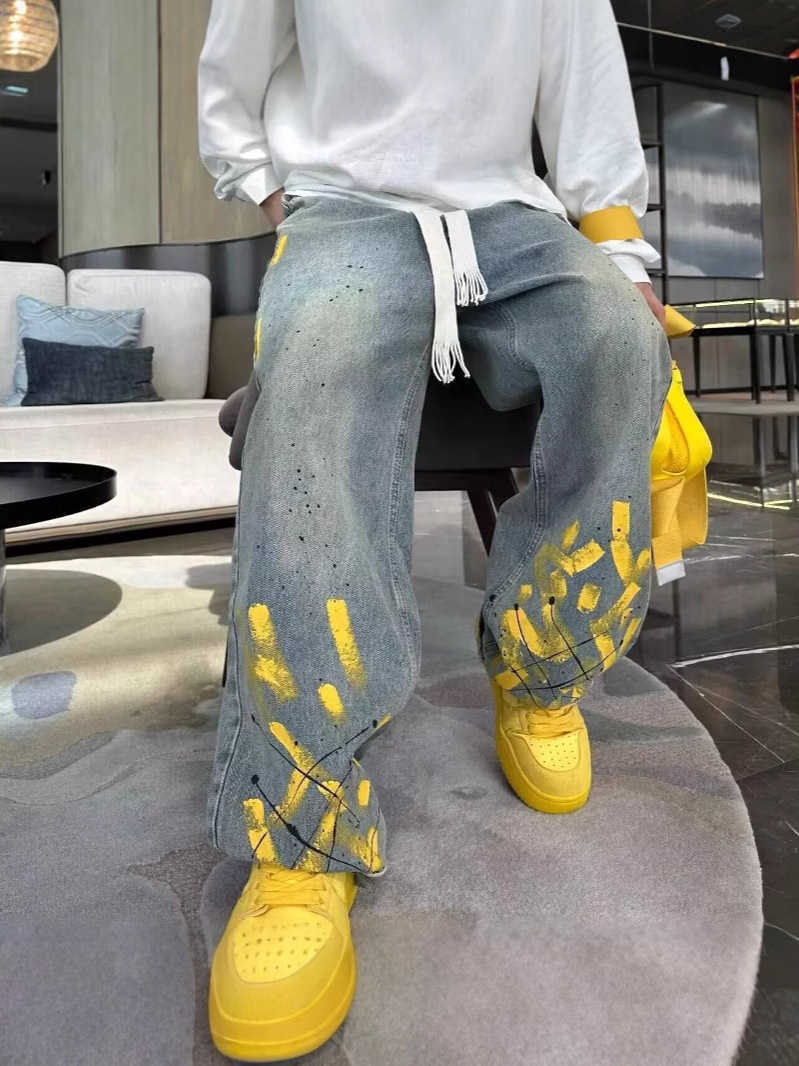 Jeans streetwear jacquard azzurro per uomo donna - pantaloni svasati dritti con cintura elastica lavabile in lavatrice per tutte le stagioni Q260612