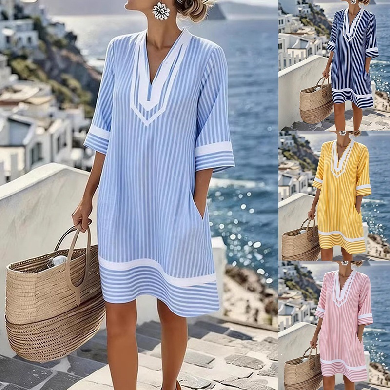 Designer Dresses For Luxurious Ladies 2026 New Seaside Vacation Style V-neck Bohemian Print Loose Beach Dress Short Sleeve Sunscreen Cover-up