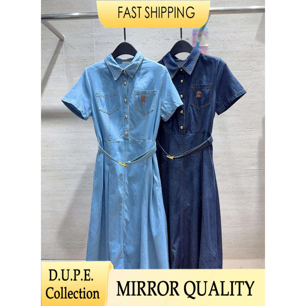 Designer Denim chemise robe femmes bleu Jean broderie poche Midi jupe marque De luxe Style été Vestido De Festa Camisa Longue
