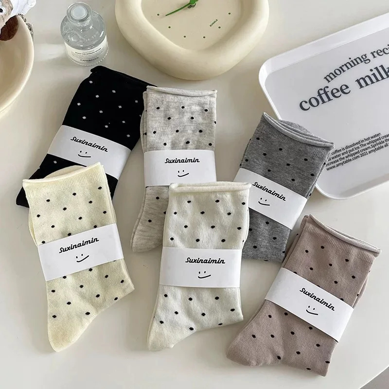5 Pairs Polka Dot Socks Cute College Style Rolled Edge Mid Tube Socks Womens Stockings Hosiery 260612