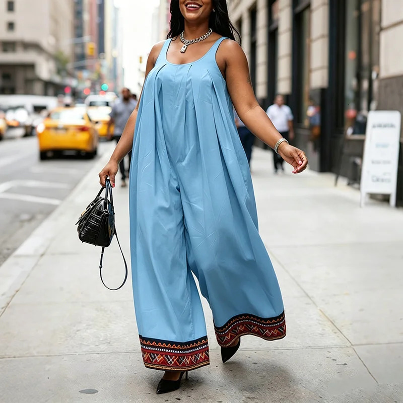 Plus Size VONDA 2026 Women Jumpsuits Sleeveless Patchwork Party Rompers Summer Beach Overalls Loose Bohemian Wide Leg Bottoms 260612