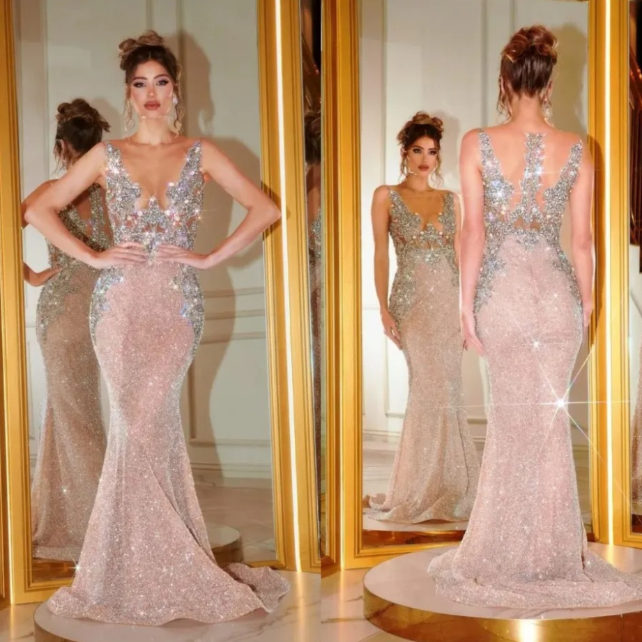 Sequines Pink Evening Dresses Luxurious Sleeveless Special Occasion Pageant Gowns Sweep Train Mermaid Formal Prom dresses Customied