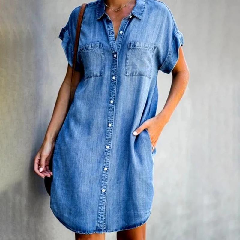 Luxury Women Designer Dress New European American Sizes Outdoor Trendy Style Flip Collar Slim One Piece Denim Shirt Long Dress High End Texture Loos
