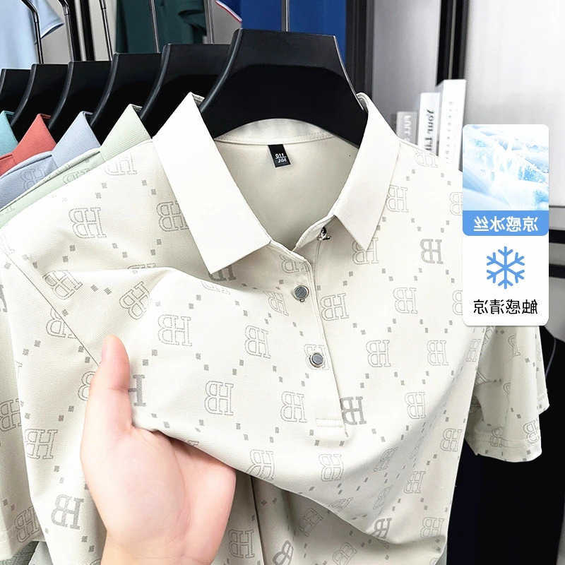 Shirt Mens Ice Silk With Letter All Over Print Cool Touch Breathable Fabric Short Sleeve Lapel Top For Business Daily Wear M260612