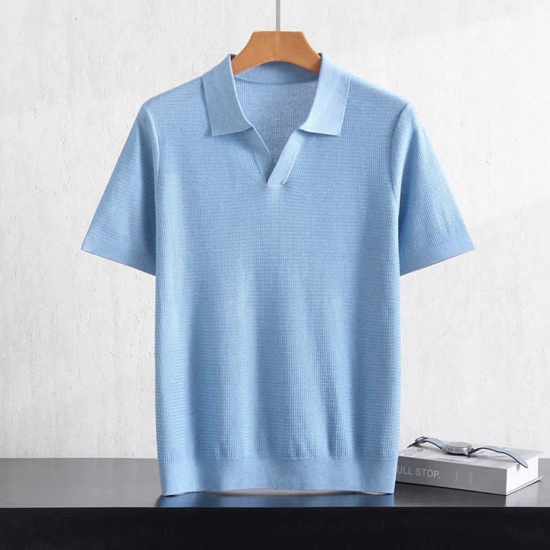 Summer Mens 100 Lyocell POLO Collar Solid Color T-Shirt Knit Pullover Bussiness Casual Short-sleeved Jumper Thin Tops Tees 260612