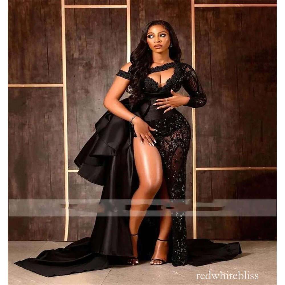 Sexy Black One Shoulder Mermaid Evening Dress Long Sleeve Beaded Ruffles High Split Formal Party Prom Gown Custom Made