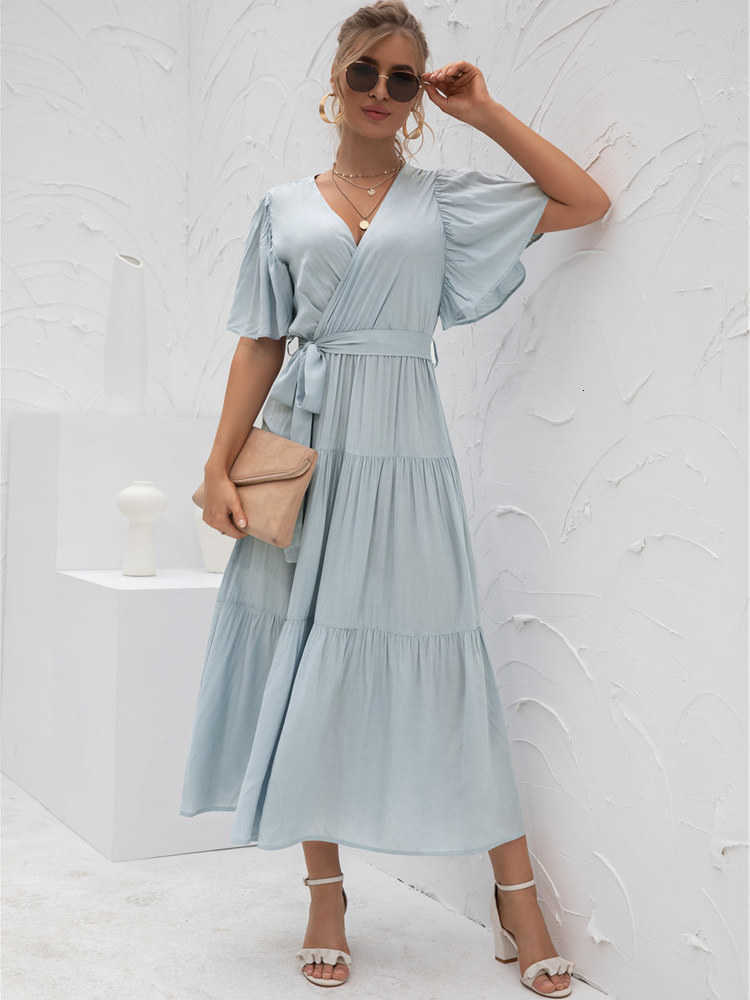 Dresses Casual Solid Short Slve Fold Waist V Neck Dress Pure Spring Summer Chic Long Dress S260612