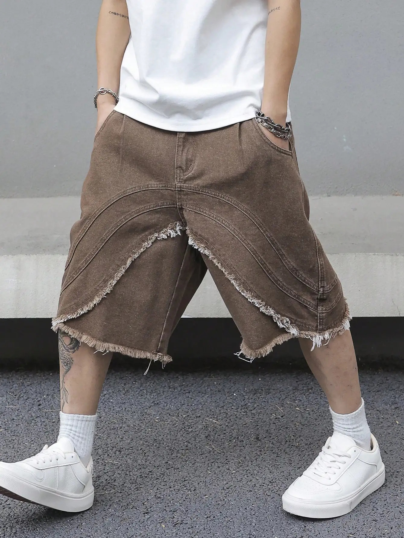 Mens summer brown denim shorts featuring a fashionable trendy retro street style loose fit suitable for daily casual wear 260609