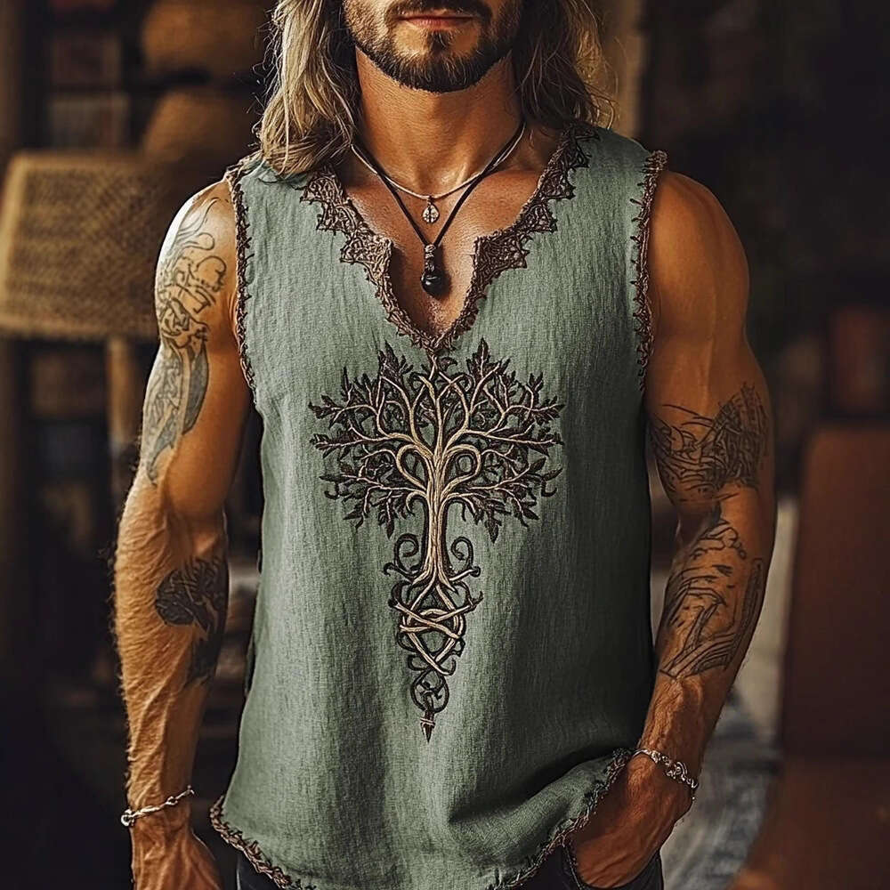 European and American cross-border summer men's linen short-sleeve loose casual small V-neck T-shirt with 3D ethnic style digital print