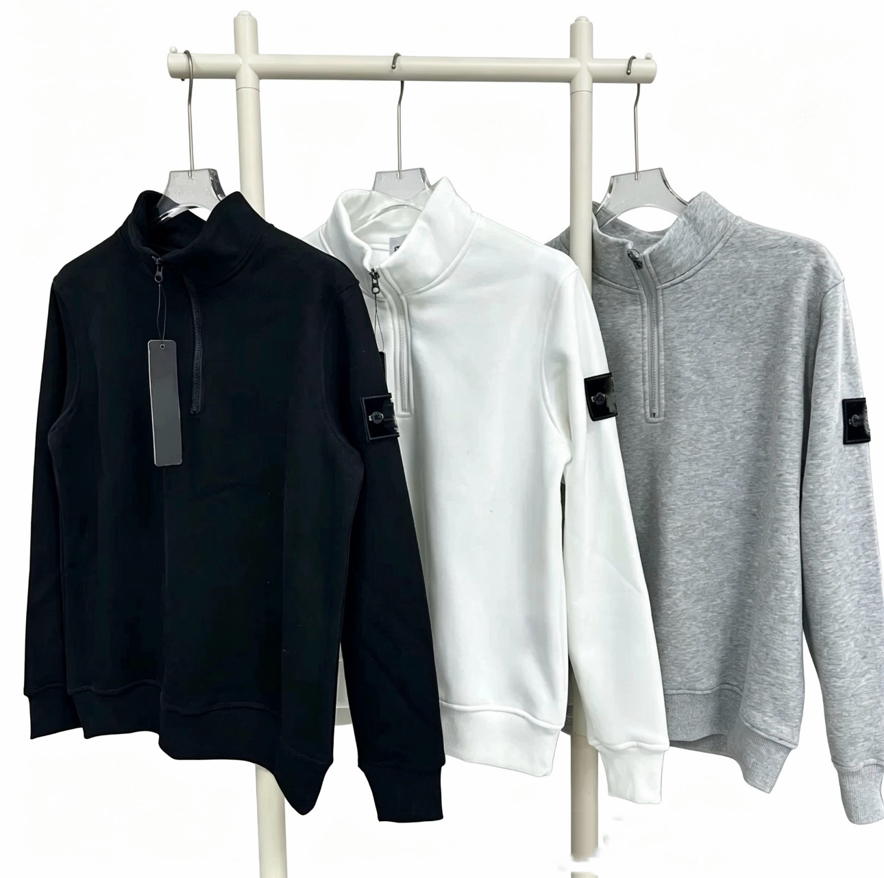Men's Half-Zip Sweatshirt Designer Style Compass Emblem Stand Collar Unisex Solid Terry Oversized Pullover Streetwear