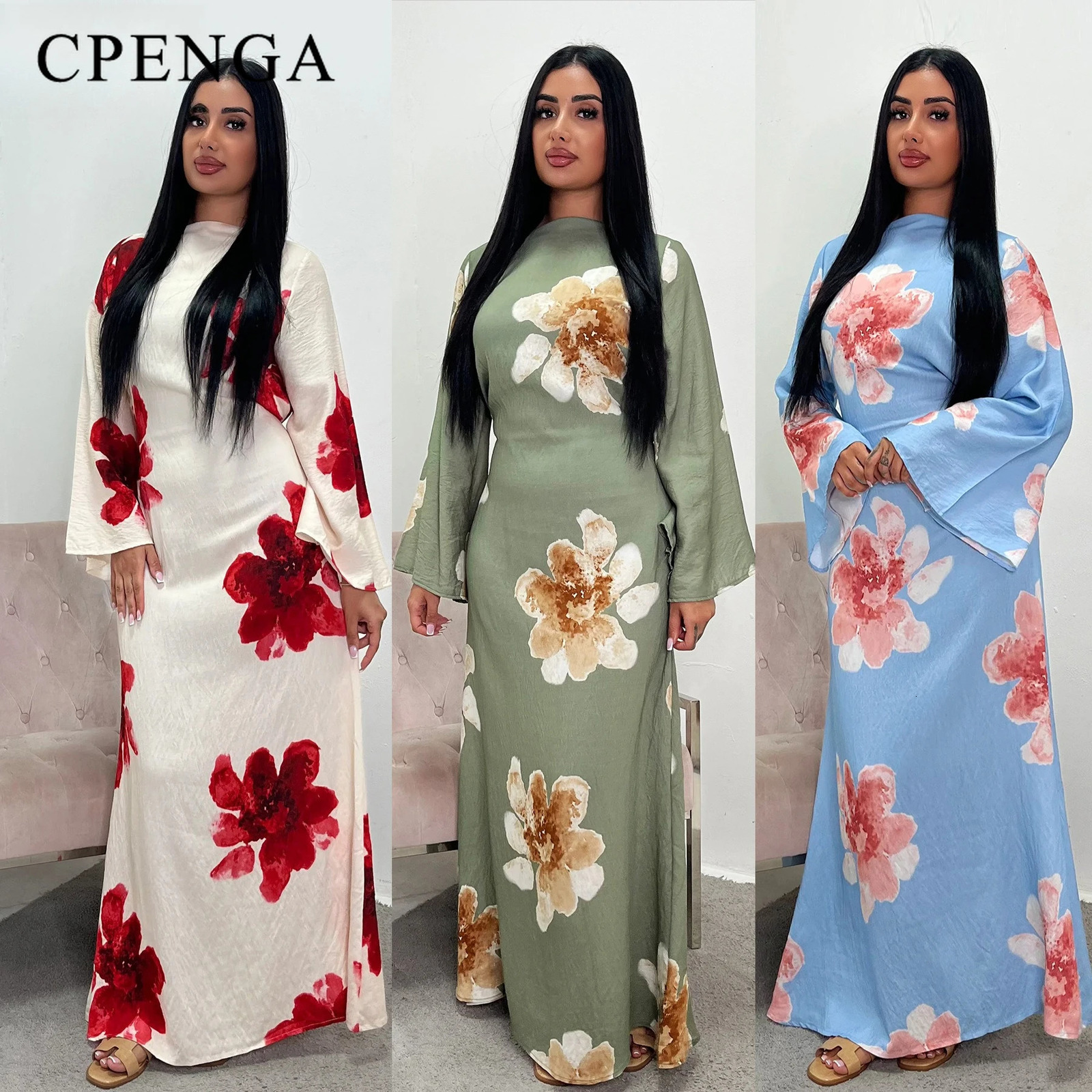 esque Bell Sleeve Flowy Maxi Abaya Dress Elegant Floral Print Muslim Modest Long Dress Islamic Vacation Outfit Summer Robe 260610