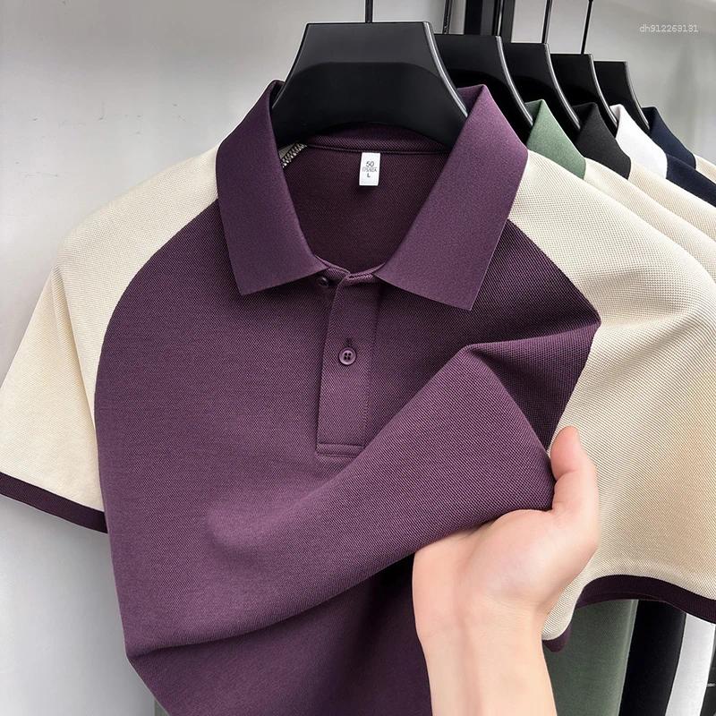 Men's Polos High End Designer Brand Silk Cotton Short Sleeve Polo Shirt Comfort T-shirt Summer Color Blocking Design Korean Casual Top