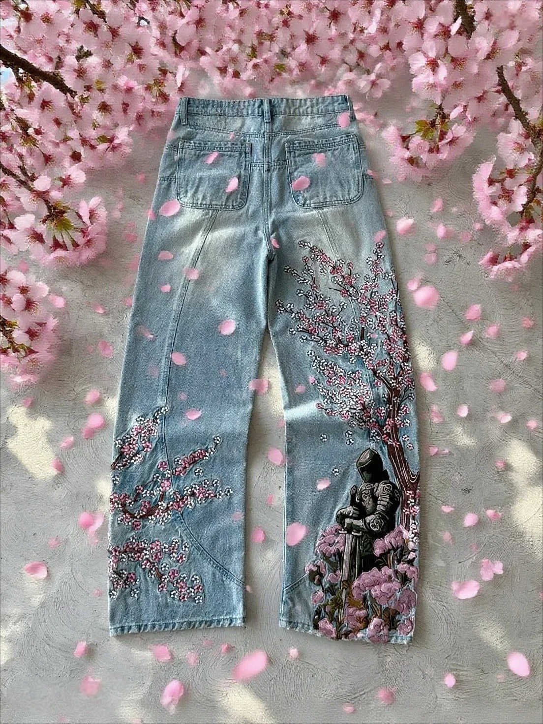 Vintage Cherry Blossom Black Knight Embroidery Jeans Y2k Retro Baggy Straight Denim Pants Blue Wash Jean Men Clothing Streetwear Q260612
