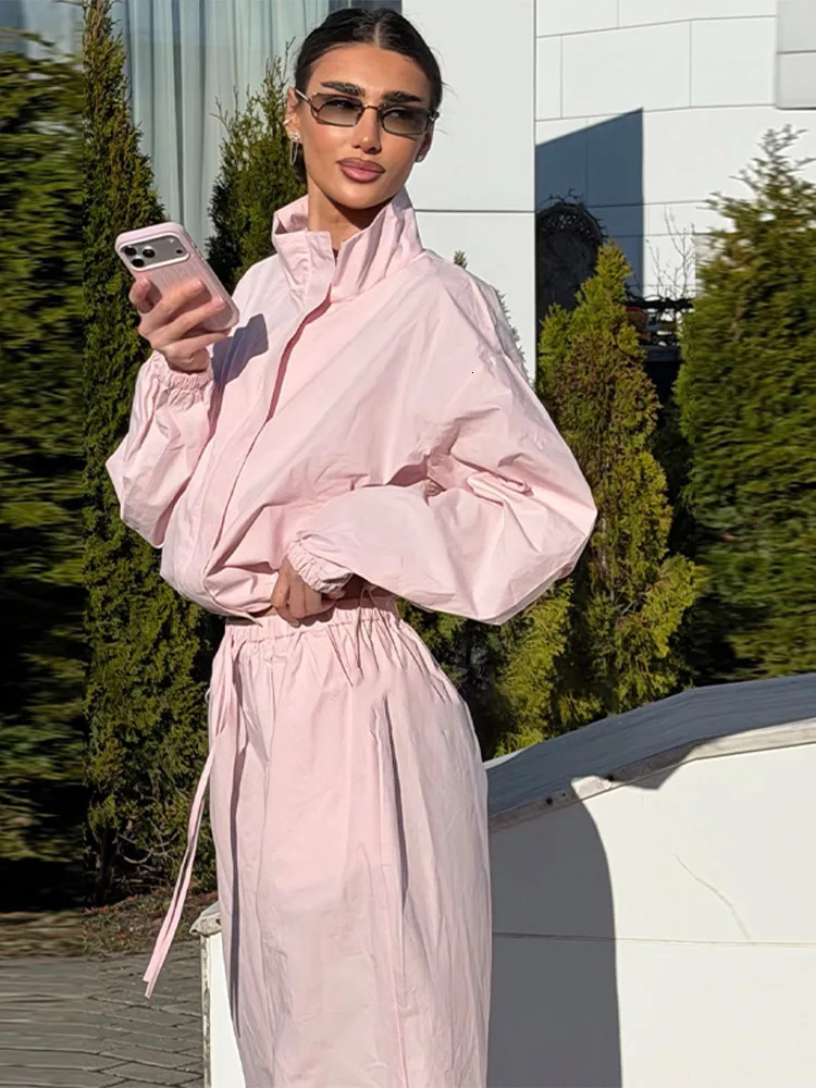 Womens Casual Two Piece Pants Set Loose Windbreaker Jacket Elastic Waist Wide Leg Suits Tracksuit Loungewear Streetwear 260611