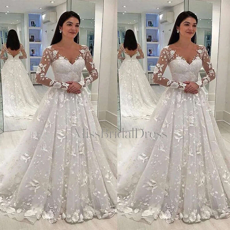Long Sleeves Wedding Dresses Cheap Woman Dress V Neck Lace Applique A Line Bride Ball Gown Size 2 4 6 8 10 Mb612