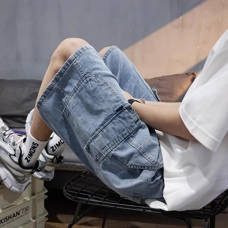 Summer Mens High Street Baggy Cargo Denim Shorts 2026 Y2K Vintage Drawstring Jorts Hip Hop Fashion Blue Short Jean Pants 260609