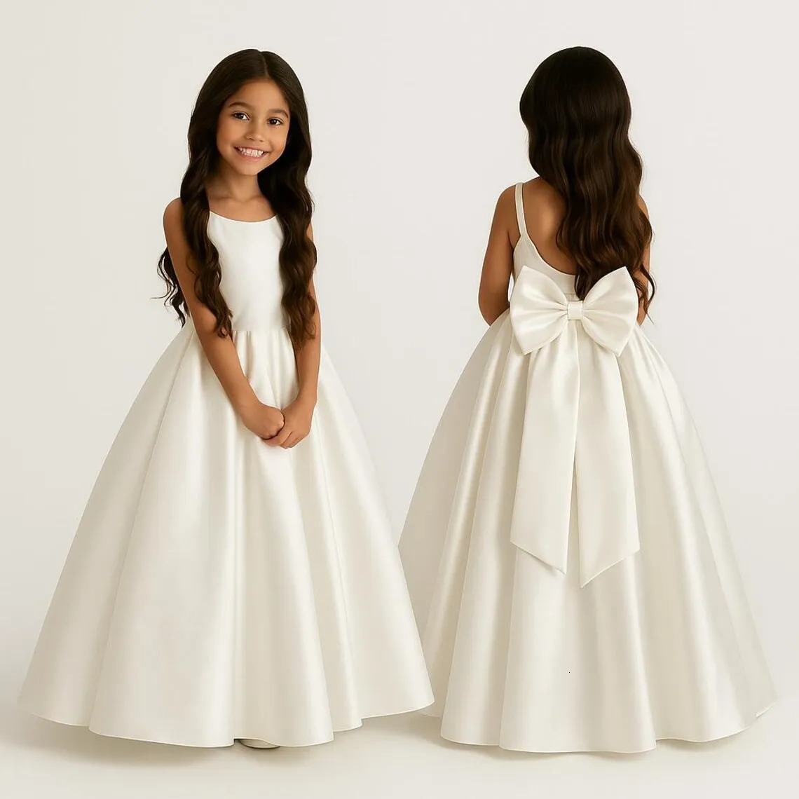 Long Ivory Satin Flower Girl Dresses for Wedding Bow Party Birthday Princess Dress Junior Bridesmaid First Holy Communion Gowns 260611
