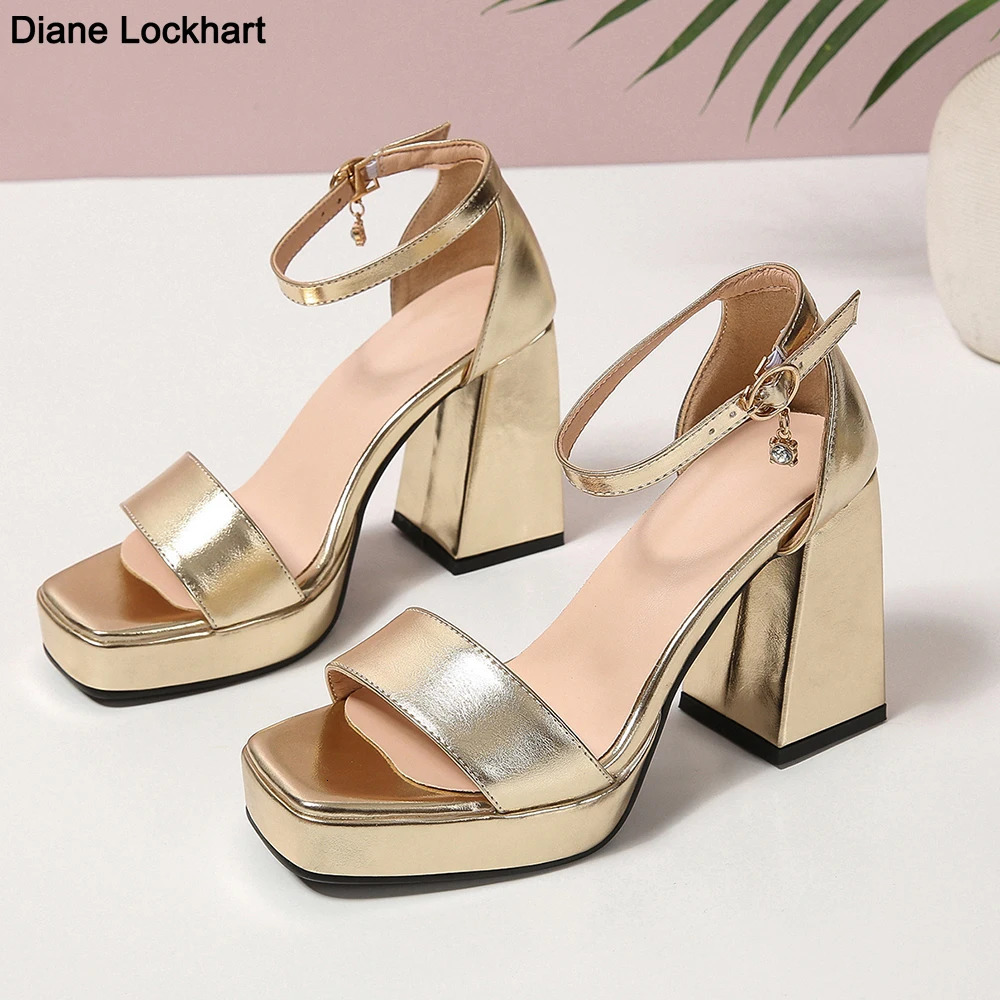 Womens Sandals Summer Shoes Ankle Straps Gold Silver High Heels Close Toe Party Shoes Female Big Size 45 260612