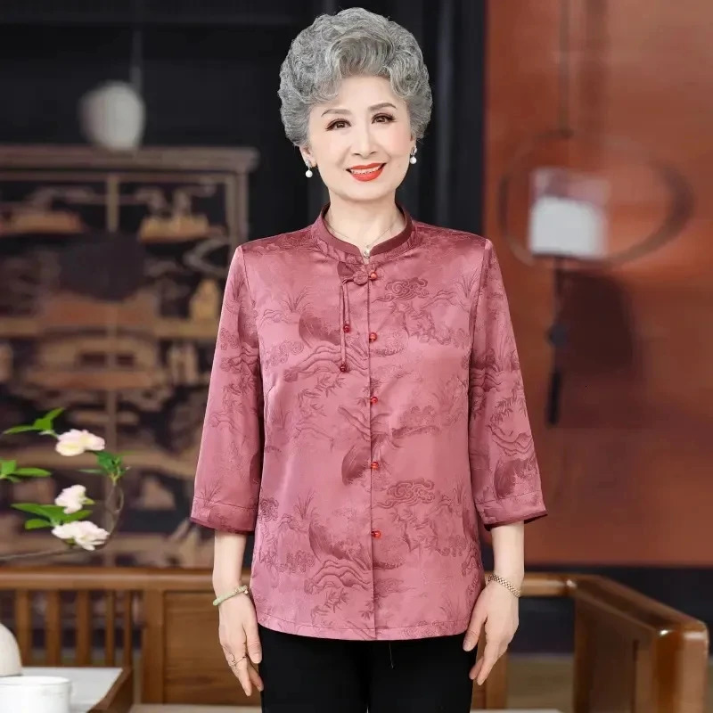 Elderly People Chinese Style Silk Blouse Spring Summer Threequarter Sleeve Cardigan Shirts Grandmothers Thin Tops Sets 260527