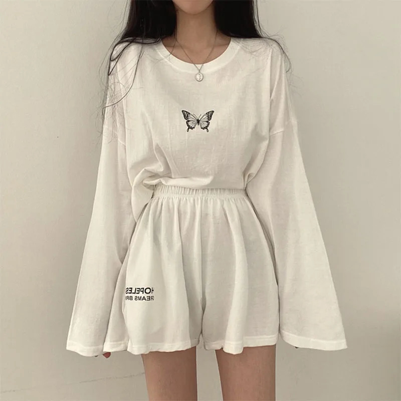 Summer Women Two Pieces Sets Long Sleeve T-ShirtShorts Tracksuit Korean Fashion Ladies Casual Loose Outfits 260605