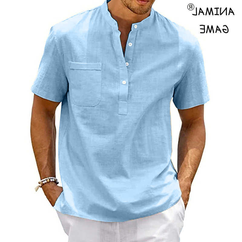 Sleeve Summer Mens Cotton Short T-shirt Solid Color Stand Collar Loose Pullover Shirt Thin Soft Comfortable Button T-shirt Top M260612