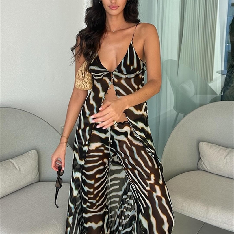 2026 Women Chic Vacation Outfits Fashion Zebra Print Sheer Chiffon Pants Set Casual Vneck Maxi Slip Tank Top Wideleg 260611