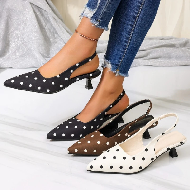 Street Style High Heel Women Sandals Fashion Pointed Toe Singbacks Mules Shoes Summer Elegant Polka Dot Dress Sandalias Shoes 260612