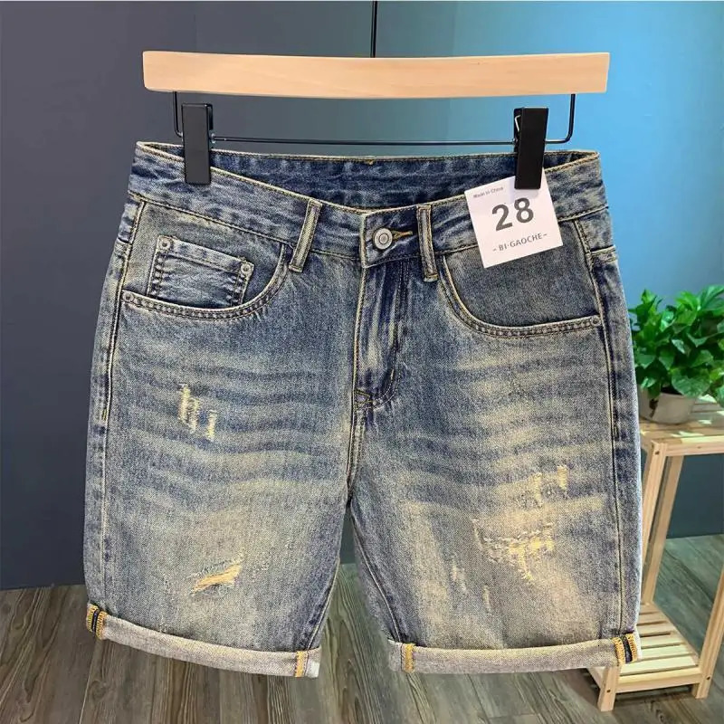 High Street Ripped Denim Shorts Mens Summer Thin FivePoint Pants Korean Trendy Ins Comfortable Straight 260609BANJIA