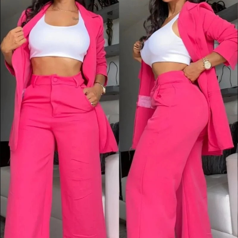2Pieces Womens Elegant Solid Color Lapel Suit Straight Pant Set Open-Sleeved Sleeve Single-breasted Business Streetwear Suit 260610