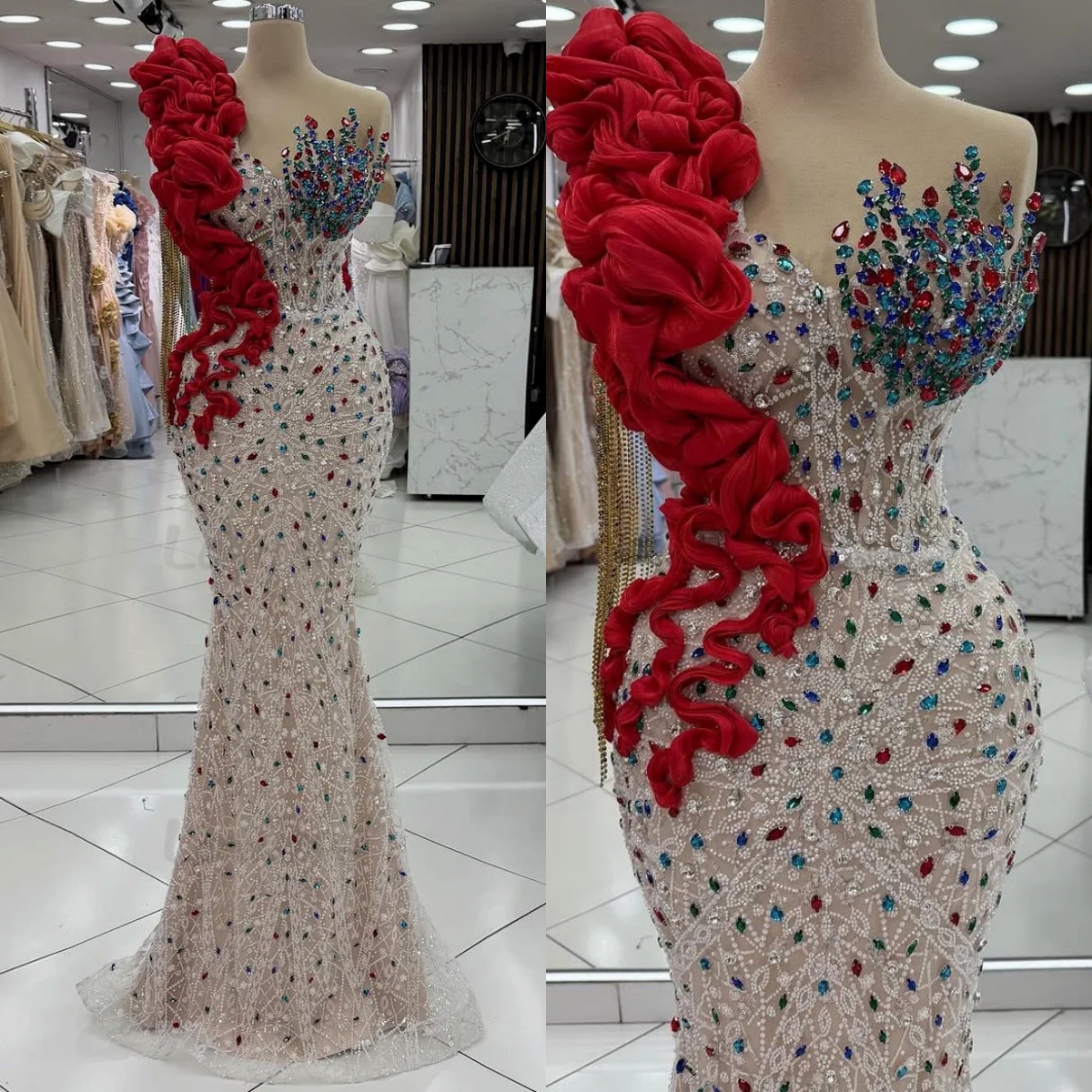 Designer Mermaid Evening Dresses Sweetheart Neck Sleeveless Gown 3D Appliques Rhinestone Sequins Sweep Train Dress Party Customized vestidos de novi